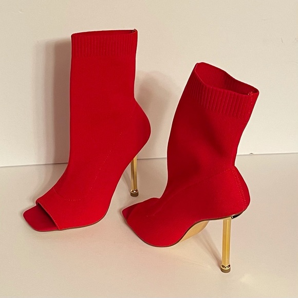Golden Heel Open Toe Ankle Boots, Red - Picture 2 of 10